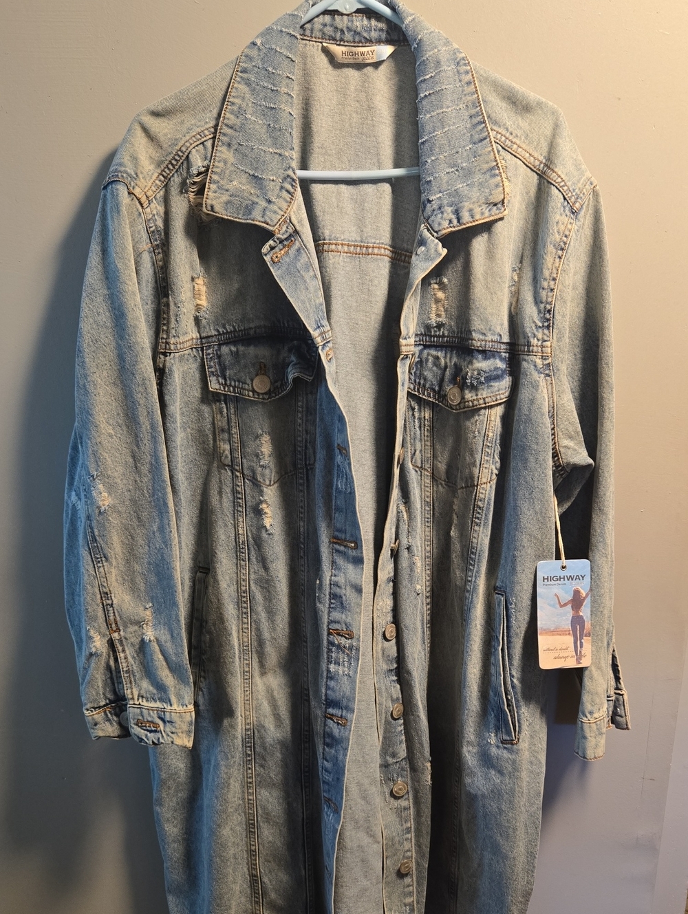 Highway Jeans Light Blue Distressed Long Denim Jacket